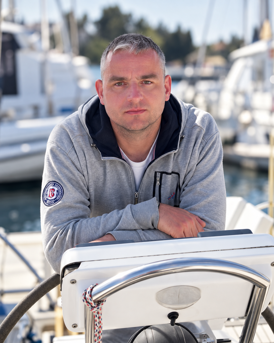 Václav Pfeifer on a boat in a marina